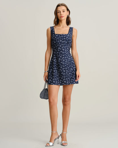 Vestido Mini Sin Mangas con Cuello Cuadrado Floral en Azul Marino