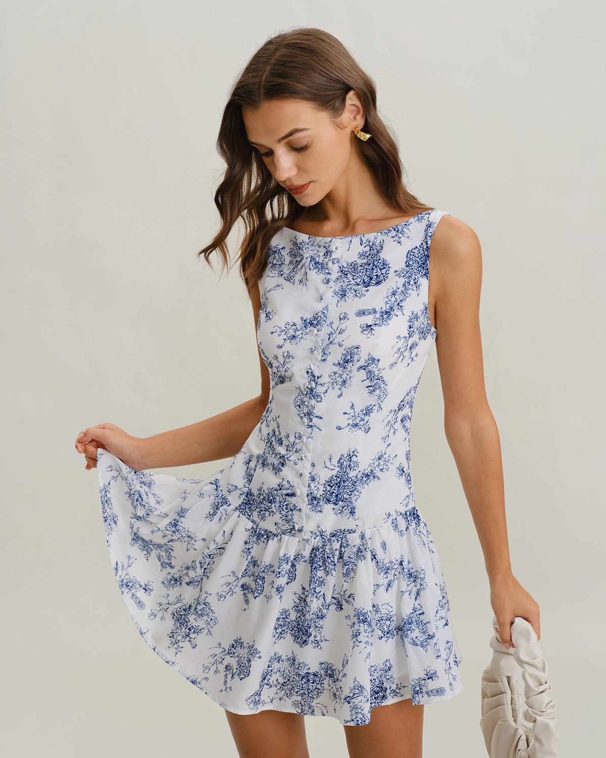 Vestido Mini Sin Mangas de Cuello Barco Floral Azul