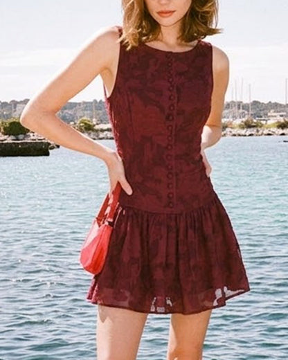 Vestido Mini A-Line de Jacquard Rojo con Cuello Barco