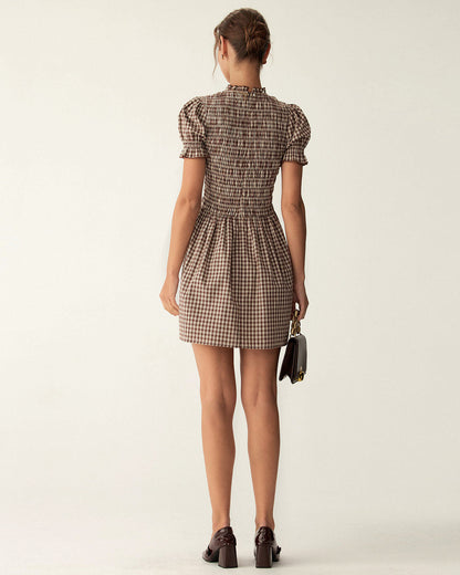 Vestido Mini de Manga Abullonada en Gingham Café