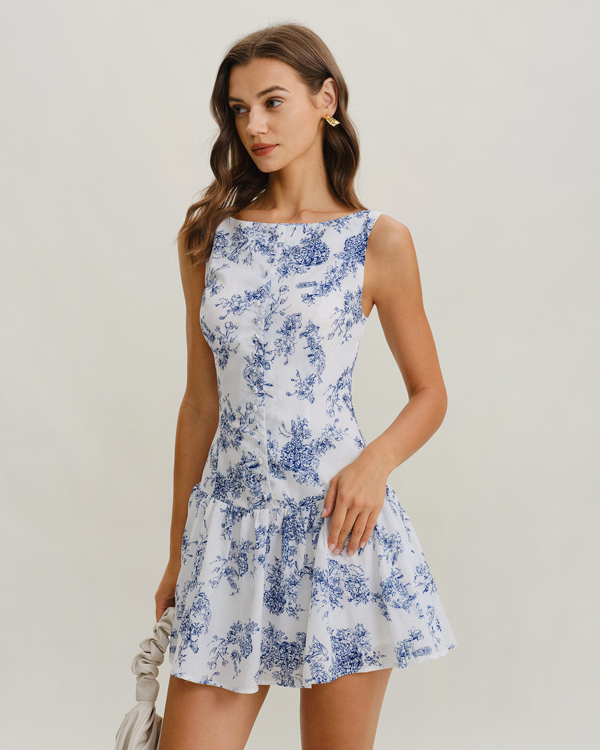 Vestido Mini Sin Mangas de Cuello Barco Floral Azul