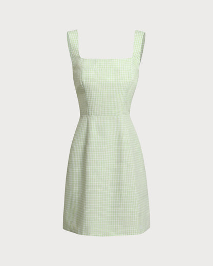 Vestido Mini de Tirantes con Cuello Cuadrado a Rayas Verdes