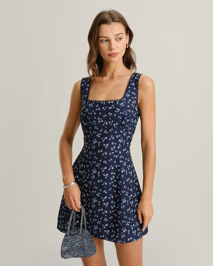 Vestido Mini Sin Mangas con Cuello Cuadrado Floral en Azul Marino