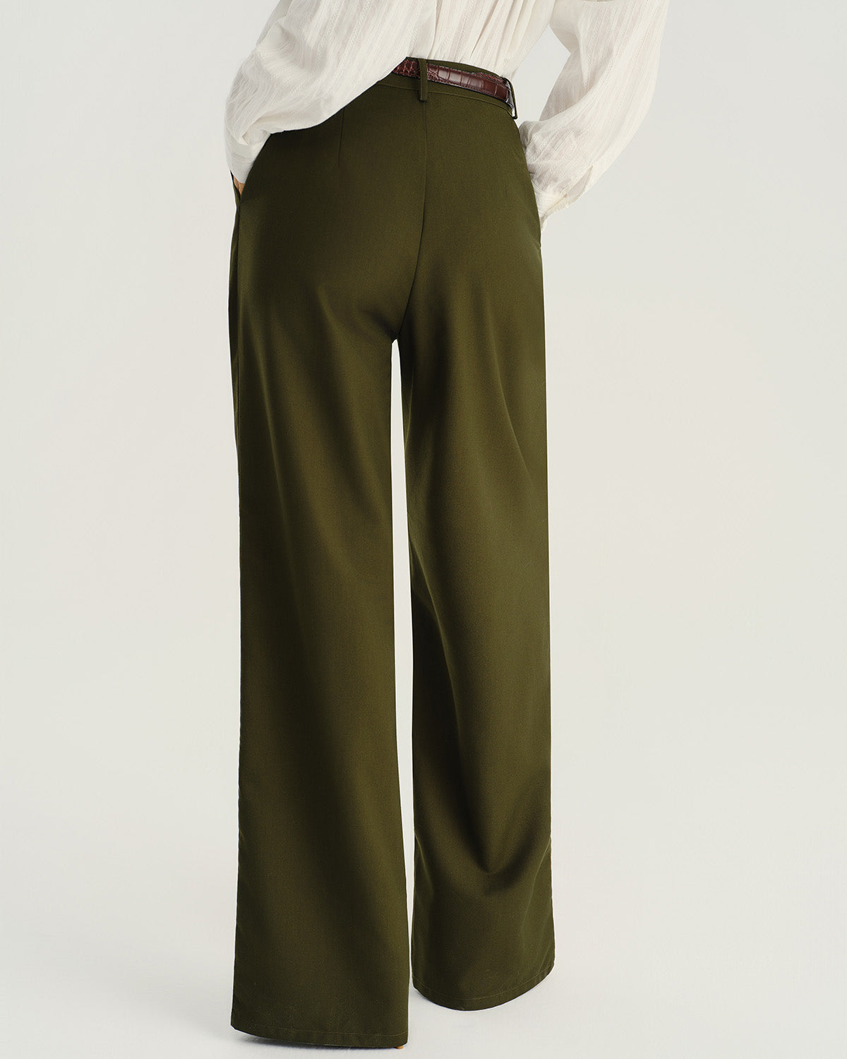 Pantalones Rectos Verdes de Cintura Natural con Bolsillos