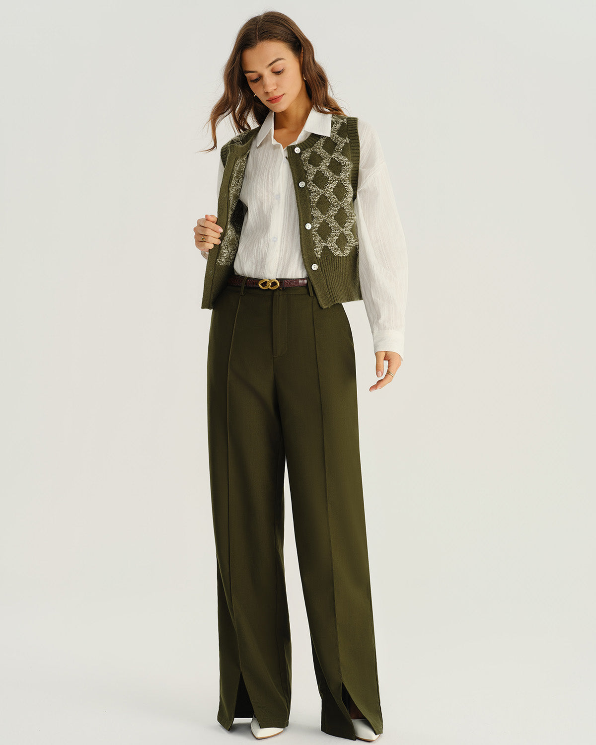 Pantalones Rectos Verdes de Cintura Natural con Bolsillos