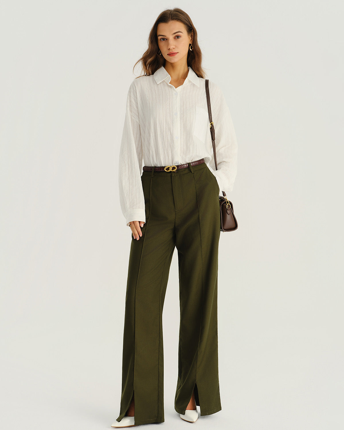 Pantalones Rectos Verdes de Cintura Natural con Bolsillos