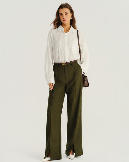 Pantalones Rectos Verdes de Cintura Natural con Bolsillos