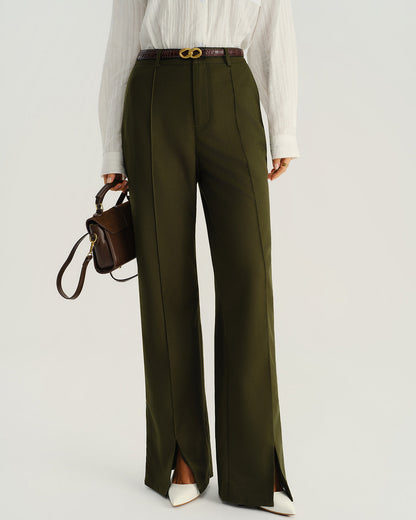 Pantalones Rectos Verdes de Cintura Natural con Bolsillos