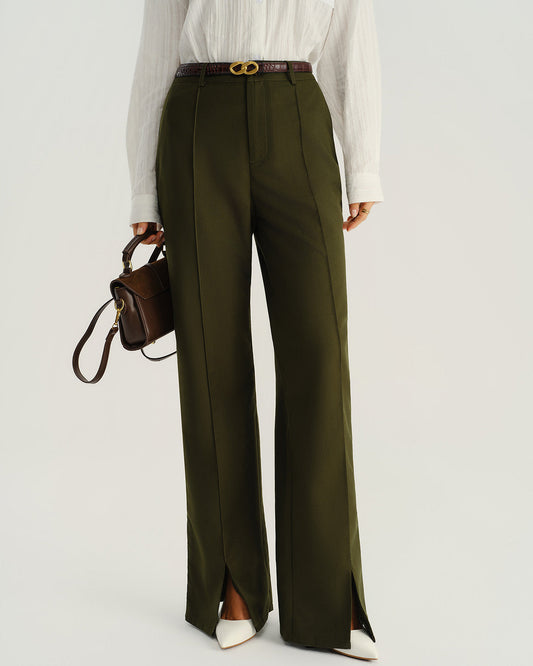 Pantalones Rectos Verdes de Cintura Natural con Bolsillos