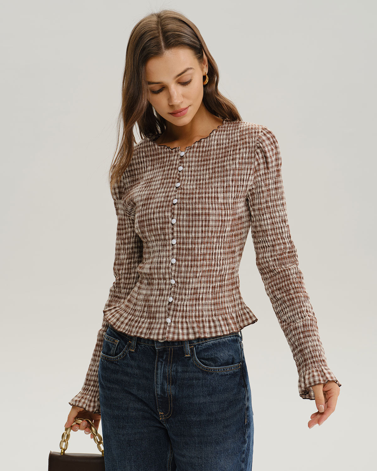 Blusa Marrón de Cuadros con Mangas de Poeta Fruncidas