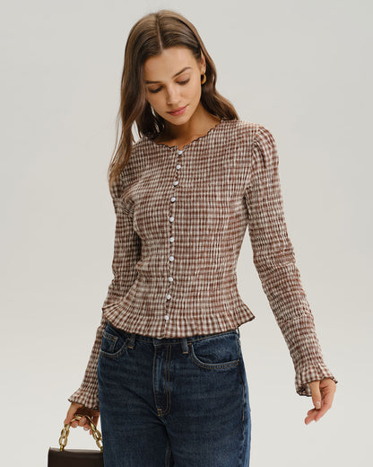 Blusa Marrón de Cuadros con Mangas de Poeta Fruncidas