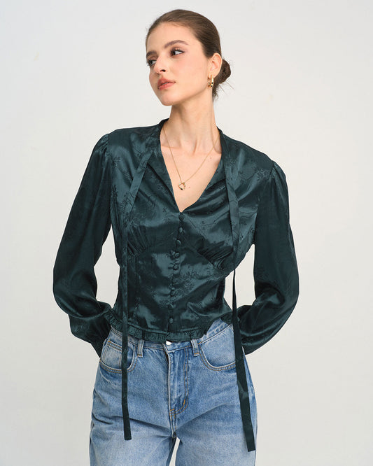 Blusa de Cuello con Lazo Jacquard Verde