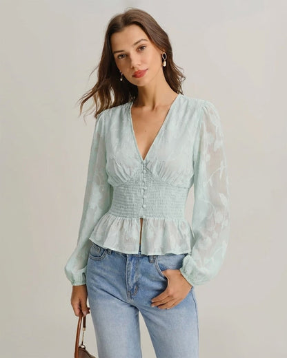 Camisa Floral Verde con Cuello en V