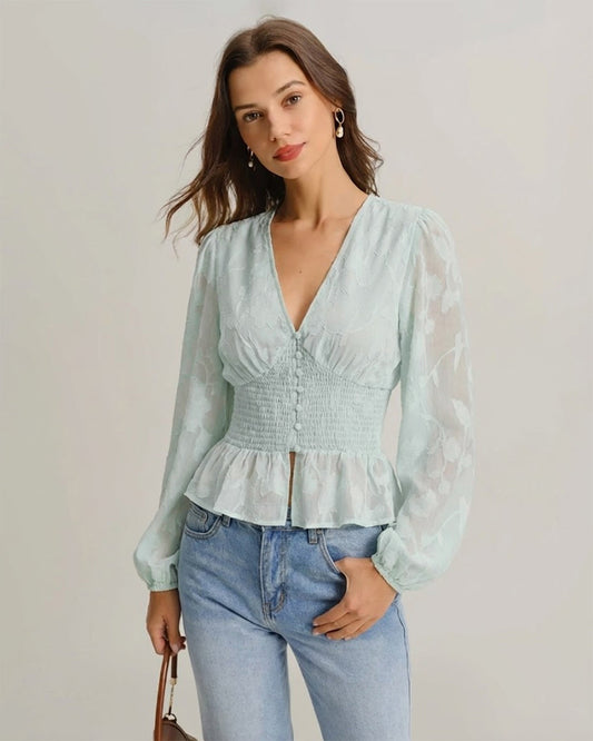 Camisa Floral Verde con Cuello en V