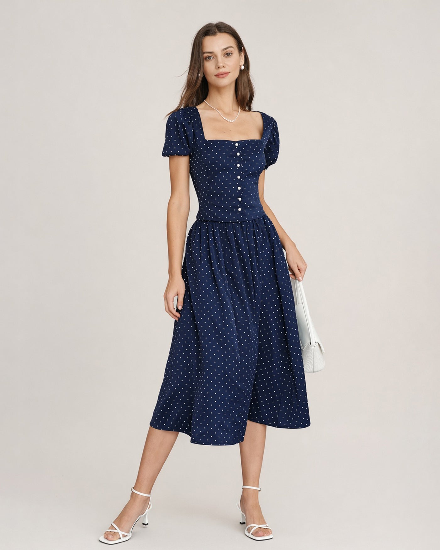 Blusa de Cuello Cuadrado Azul con Lunares