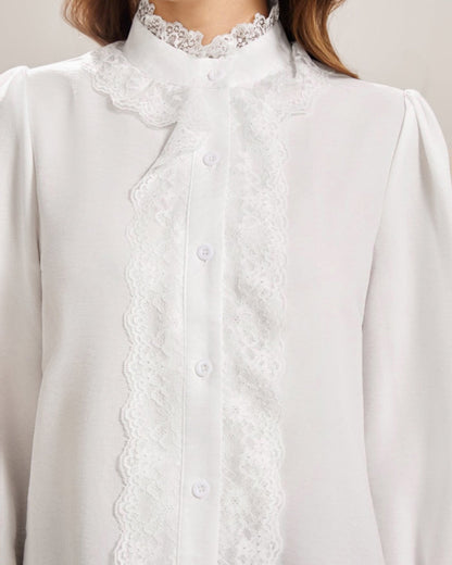 Camisa de Encaje con Manga de Poeta Blanca