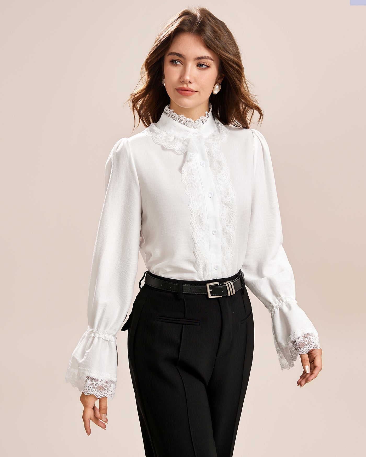Camisa de Encaje con Manga de Poeta Blanca