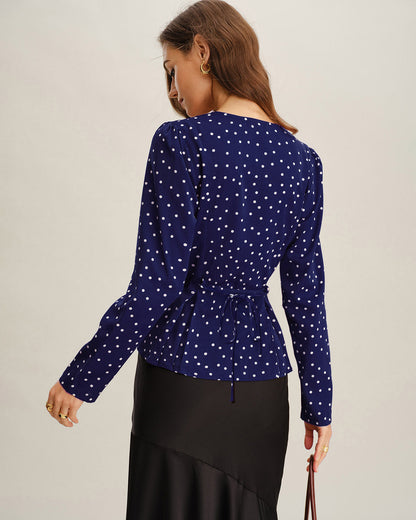 Camisa de Cuello en V con Lunares Marinos