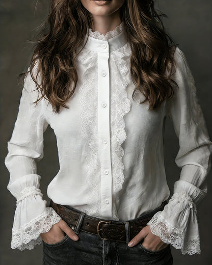 Camisa de Encaje con Manga de Poeta Blanca