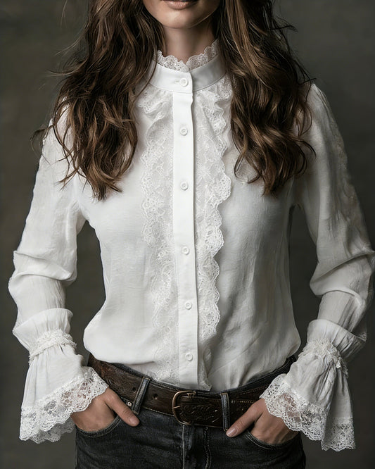 Camisa de Encaje con Manga de Poeta Blanca