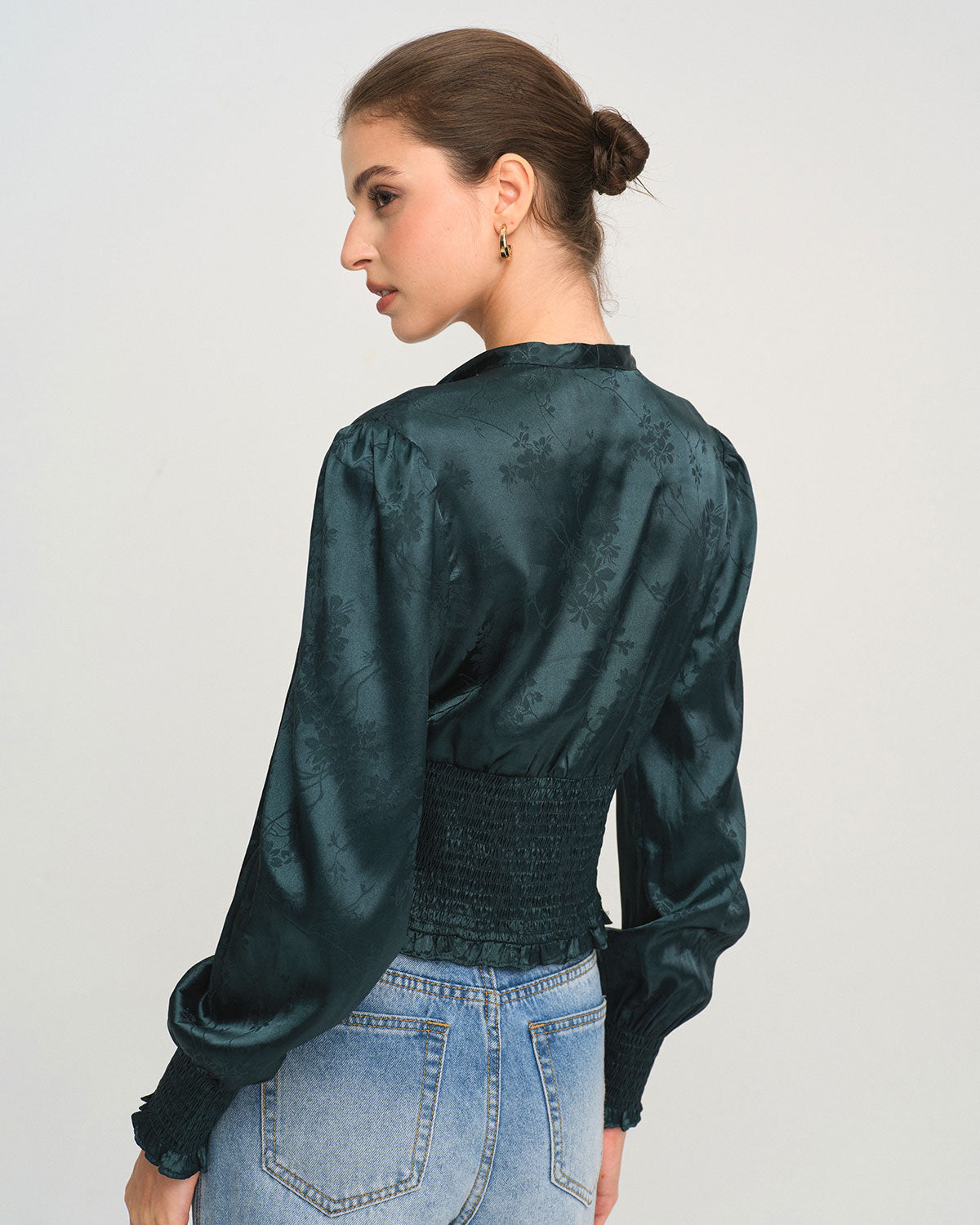 Blusa de Cuello con Lazo Jacquard Verde