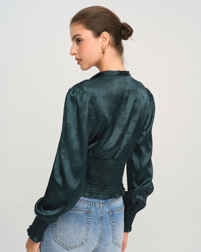 Blusa de Cuello con Lazo Jacquard Verde