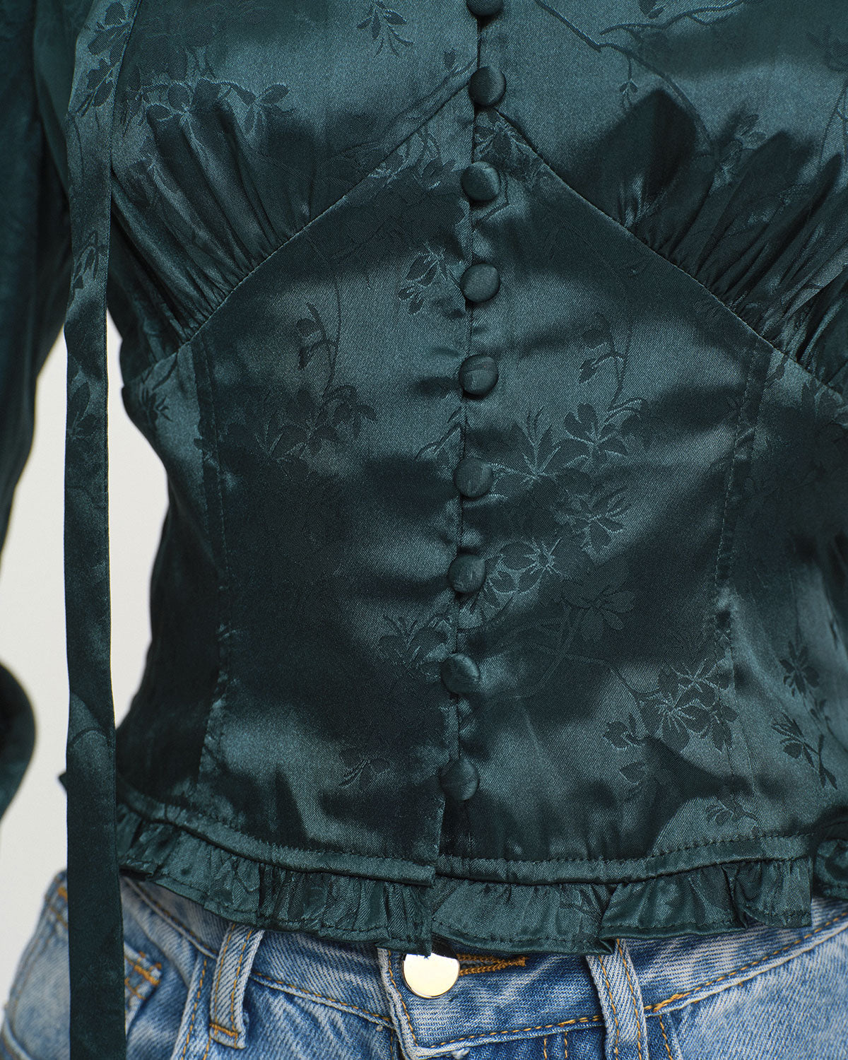 Blusa de Cuello con Lazo Jacquard Verde