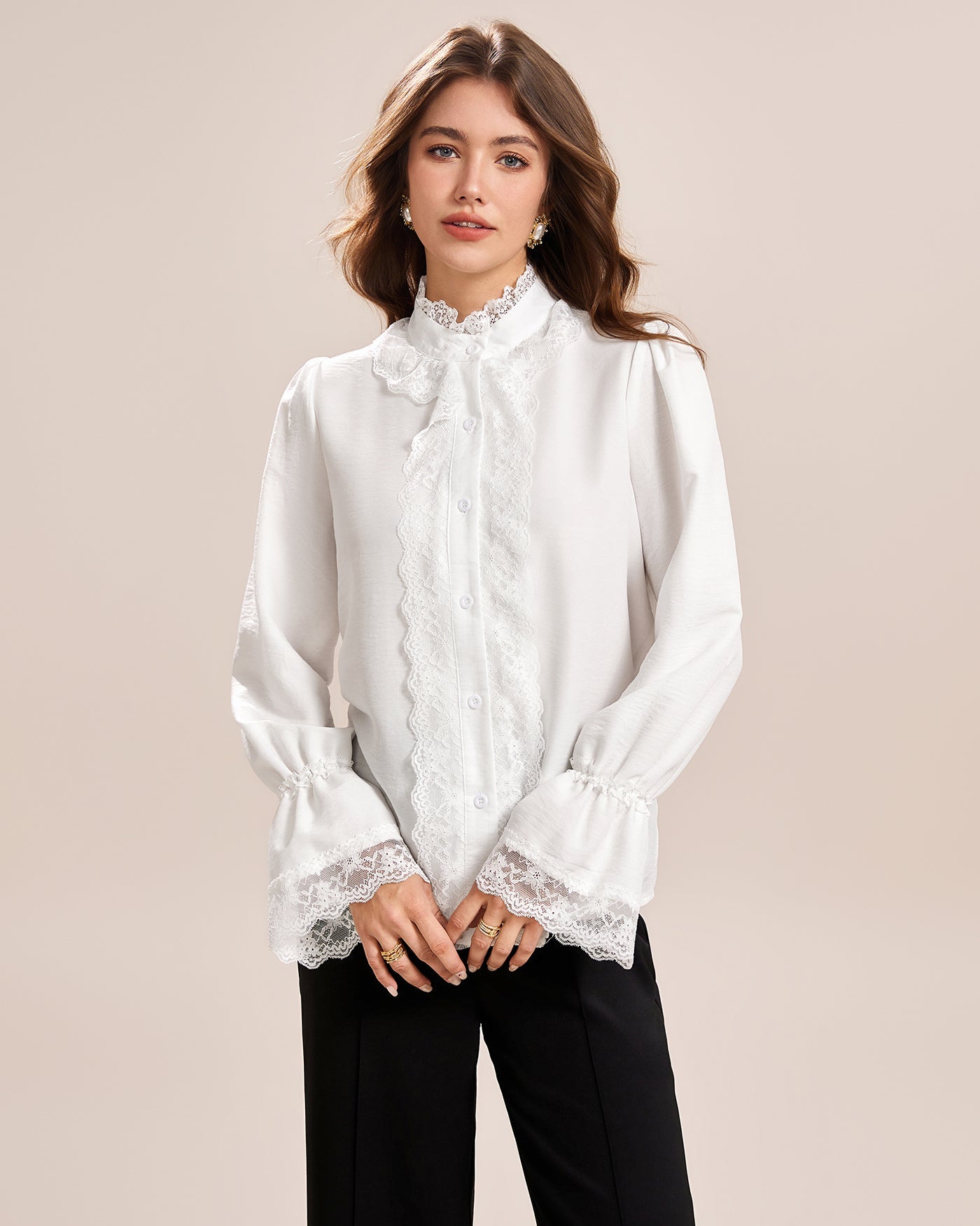Camisa de Encaje con Manga de Poeta Blanca
