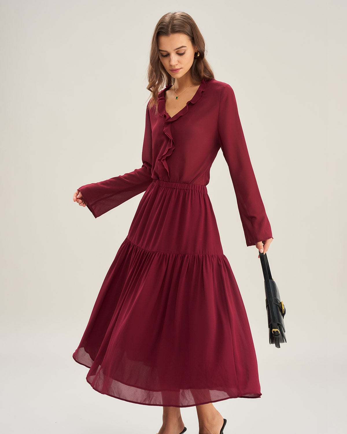 Camisa de Chiffon con Volantes Color Rojo Vino