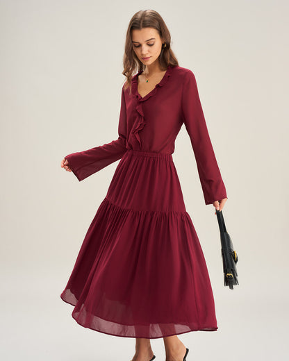 Camisa de Chiffon con Volantes Color Rojo Vino