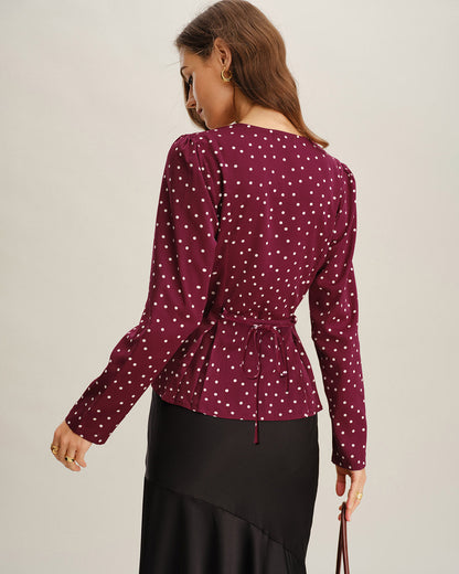Blusa de Cuello en V con Lunares Rojos Vino