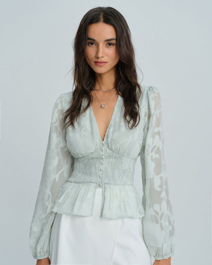 Camisa Floral Verde con Cuello en V