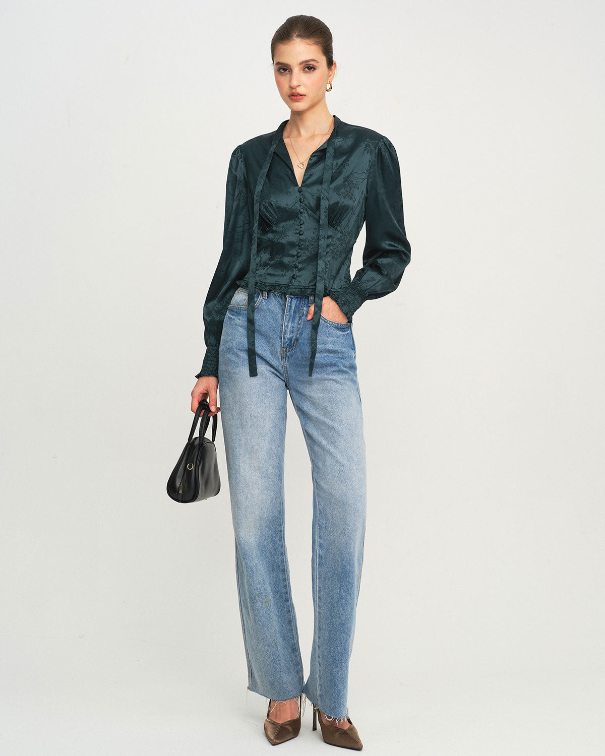 Blusa de Cuello con Lazo Jacquard Verde