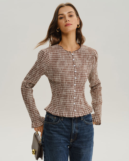 Blusa Marrón de Cuadros con Mangas de Poeta Fruncidas
