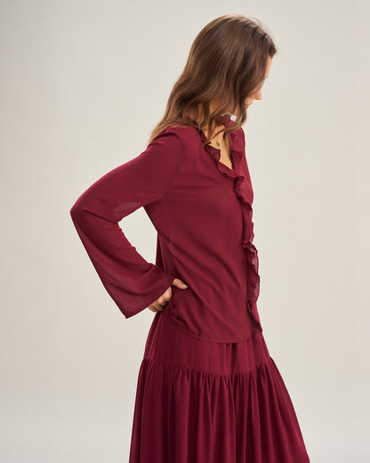 Camisa de Chiffon con Volantes Color Rojo Vino