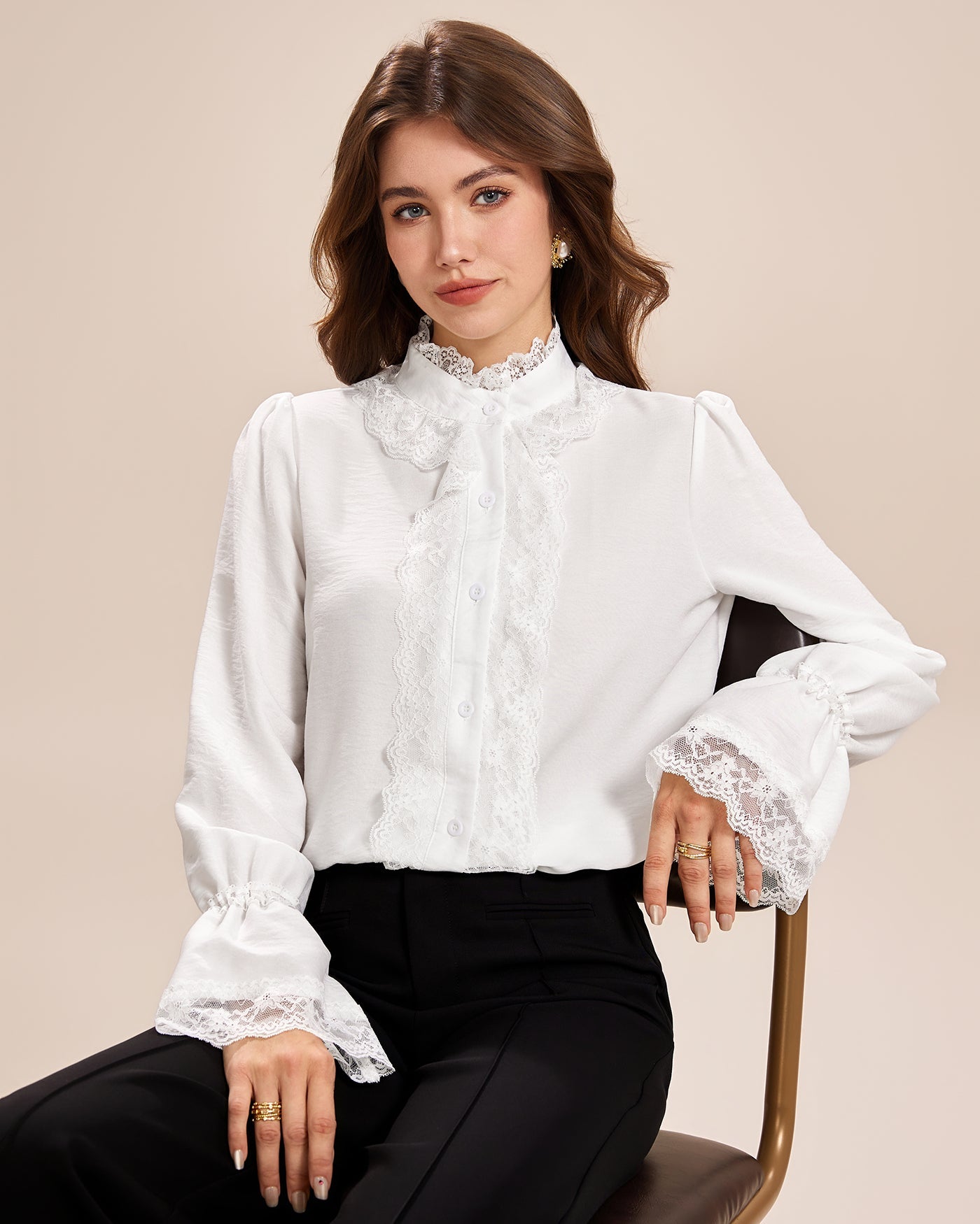Camisa de Encaje con Manga de Poeta Blanca