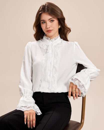 Camisa de Encaje con Manga de Poeta Blanca