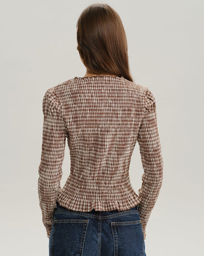 Blusa Marrón de Cuadros con Mangas de Poeta Fruncidas