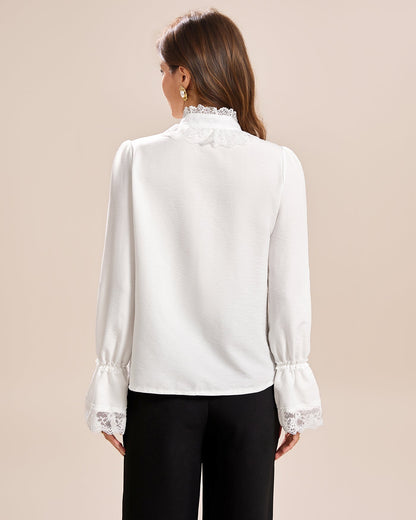 Camisa de Encaje con Manga de Poeta Blanca