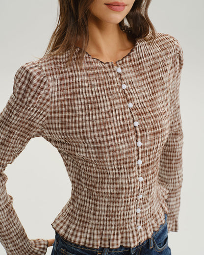 Blusa Marrón de Cuadros con Mangas de Poeta Fruncidas