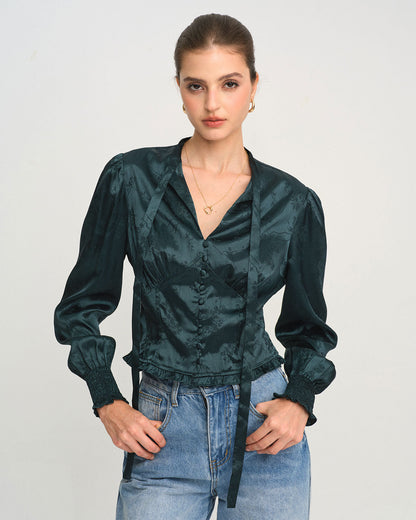 Blusa de Cuello con Lazo Jacquard Verde