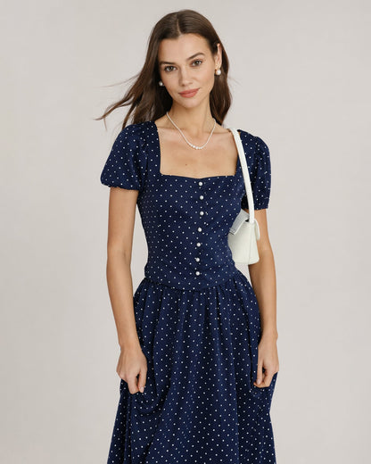 Blusa de Cuello Cuadrado Azul con Lunares