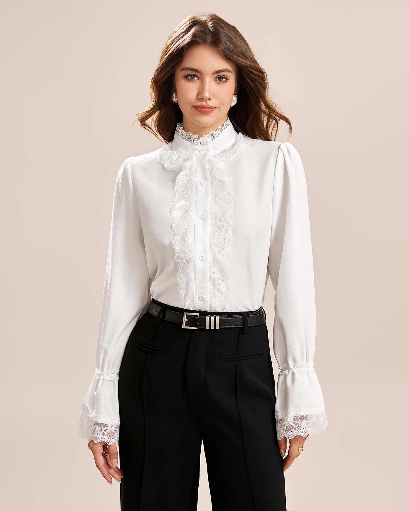 Camisa de Encaje con Manga de Poeta Blanca