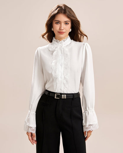 Camisa de Encaje con Manga de Poeta Blanca