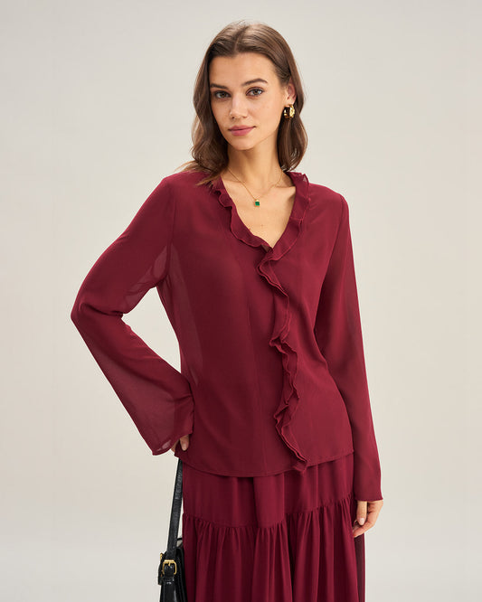 Camisa de Chiffon con Volantes Color Rojo Vino