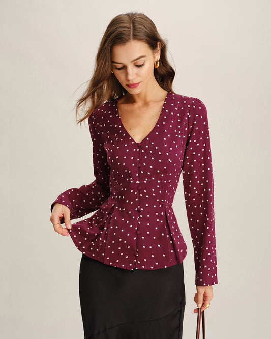 Blusa de Cuello en V con Lunares Rojos Vino