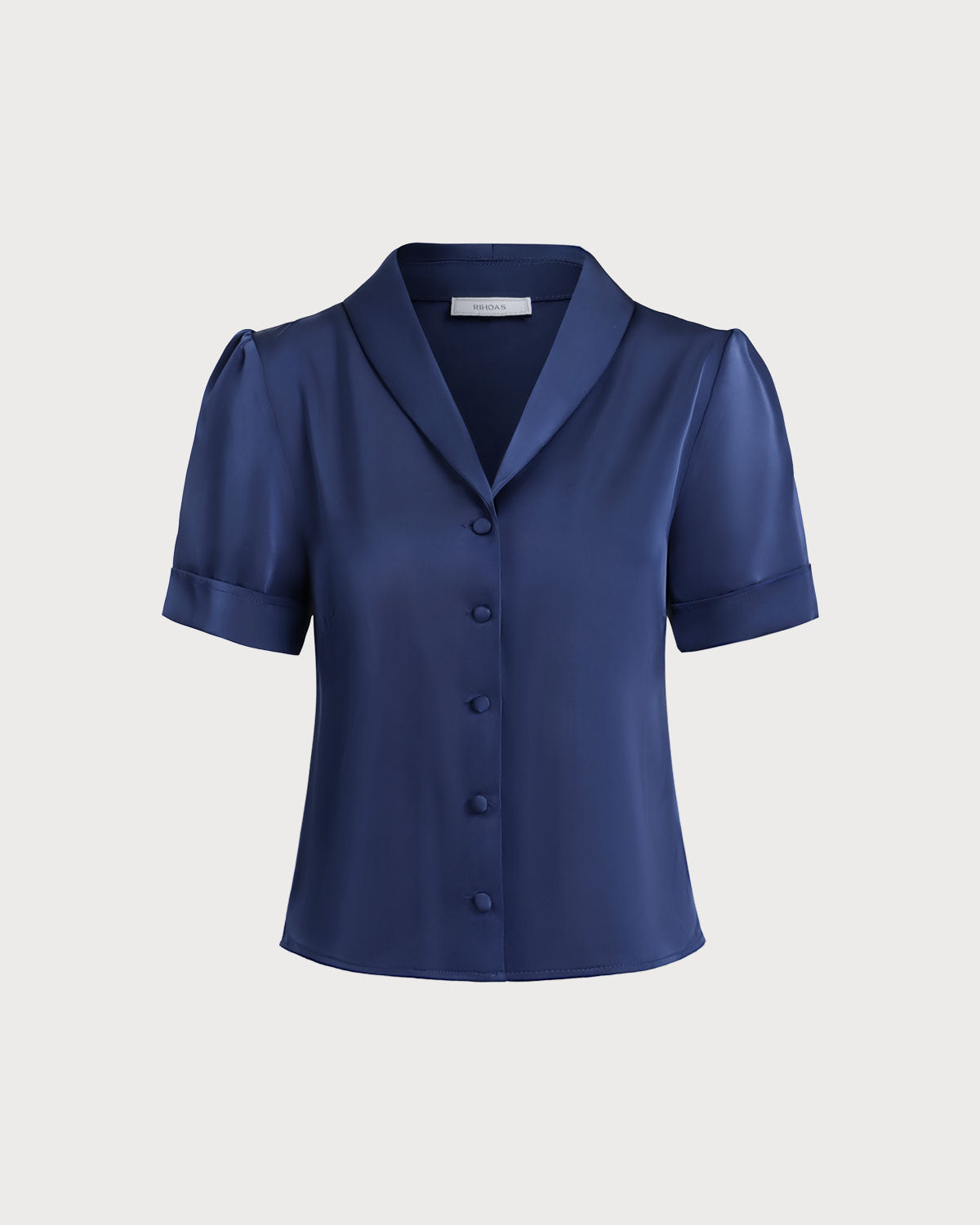 Blusa de Botones de Satén Azul Marino