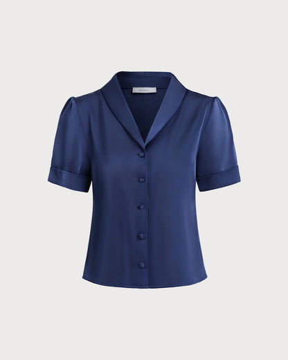 Blusa de Botones de Satén Azul Marino