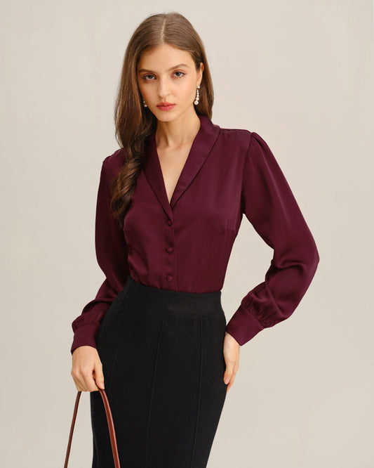 Camisa de Botón de Satén Rojo Vino
