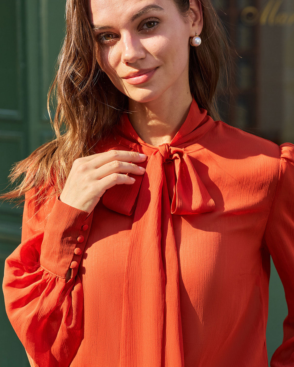 Camisa de Chiffon Rojo Ladrillo con Cuello de Corbata